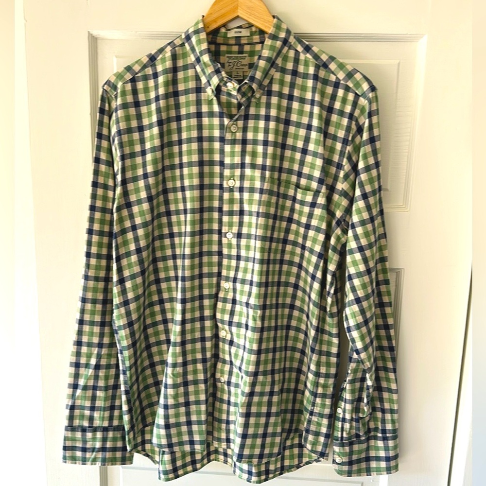 J crew factory men’s slim large green and navy check button down shirt